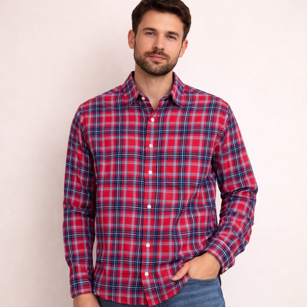 Untuckit 100% Cotton Men's Plaid Button Down Long Sleeve Shirt Red/Navy XL